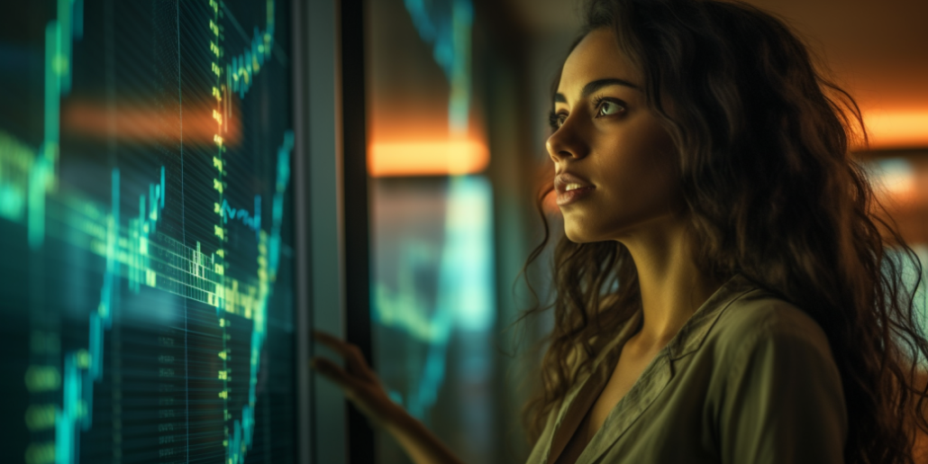 Photo of a woman looking attentively at a large screen displaying data