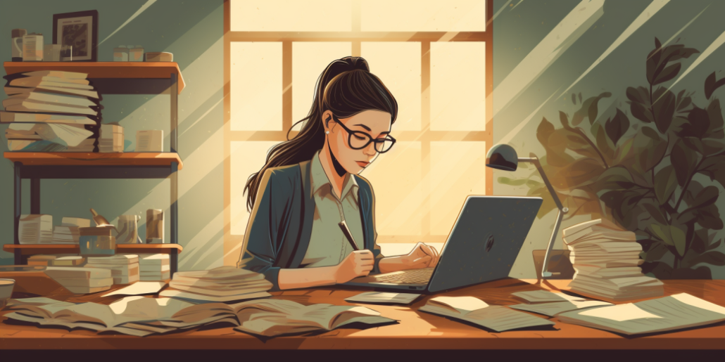 Illustration of a woman sitting at an office table, working on a laptop and surrounded by documents