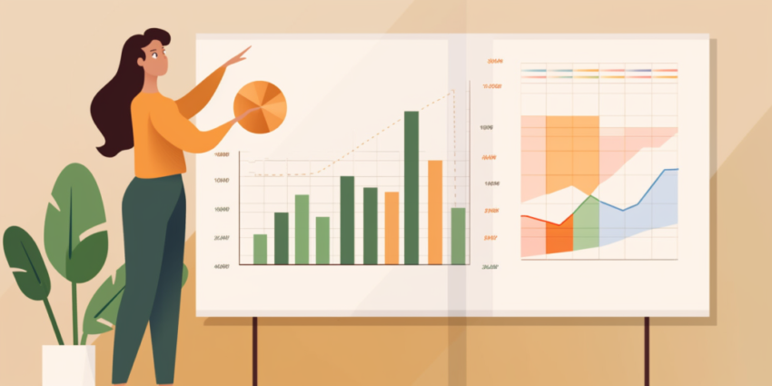 illustration of a woman presenting data on a screen, with charts and graphs displayed