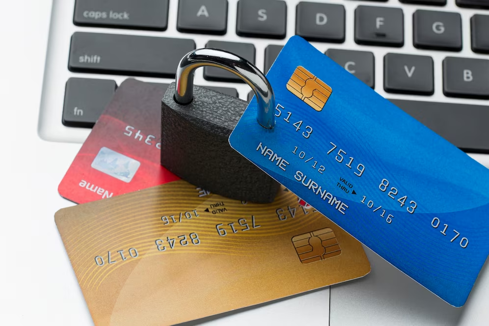 Photo of ATM cards placed on top of a laptop, with a padlock symbolizing security