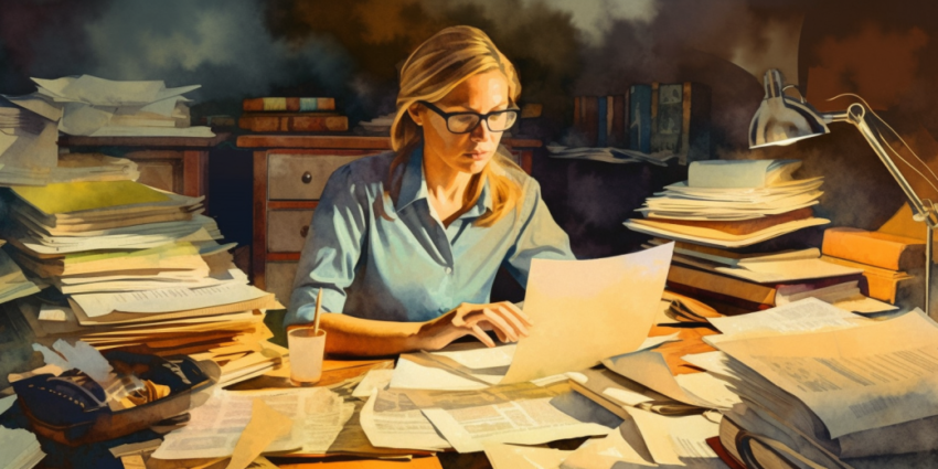 Photo of a girl wearing eyeglasses, sitting at an office table surrounded by documents